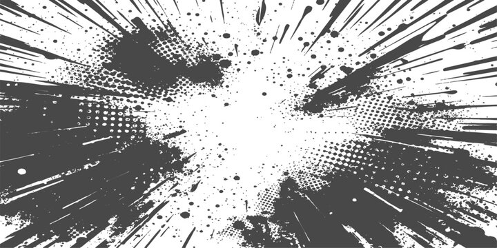 Abstract Burst of Ink and Halftone Dots: A dynamic abstract graphic featuring an explosive burst of black ink splatters and halftone dots radiating from a central point.