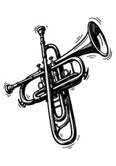 A black and white illustration of a trumpet. © Aris