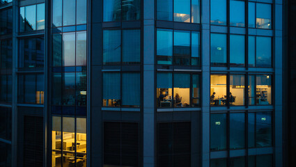 Office building at night with lit interior business district building architecture business © Fx Studio