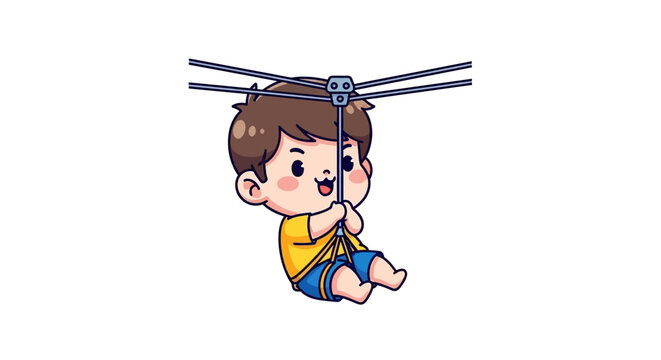 Happy cartoon child enjoying thrilling zip line adventure ride.