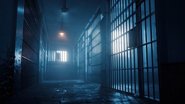 Gloomy prison corridor with cells, dim lighting, and barred doors, creating an eerie atmosphere