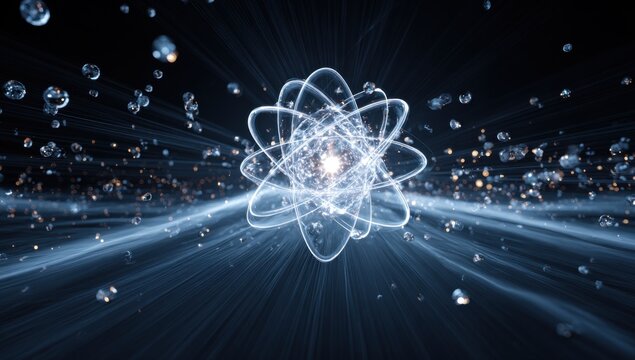 Abstract glowing atomic nucleus with orbiting electrons and light trails.