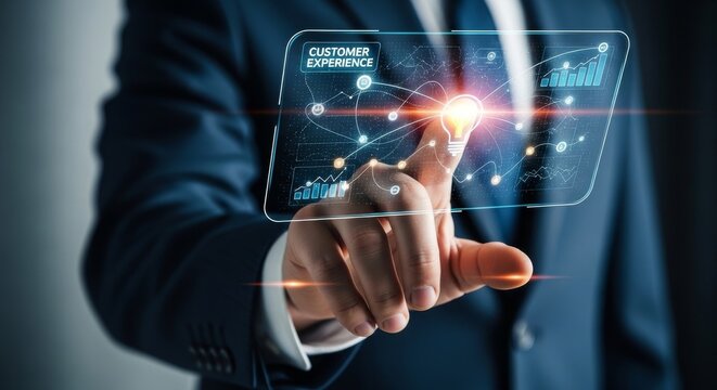 hand holding futuristic digital tablet with customer experience hologram interface