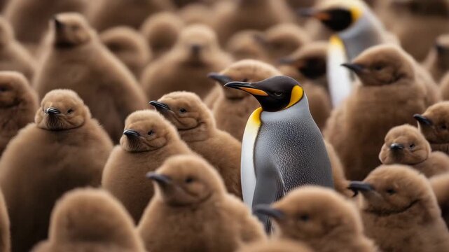 Adult king penguin standing out among fluffy brown chicks in a crowded colony, uniqueness, leadership, individuality, nature, wildlife and difference concept. penguin, king penguin AI