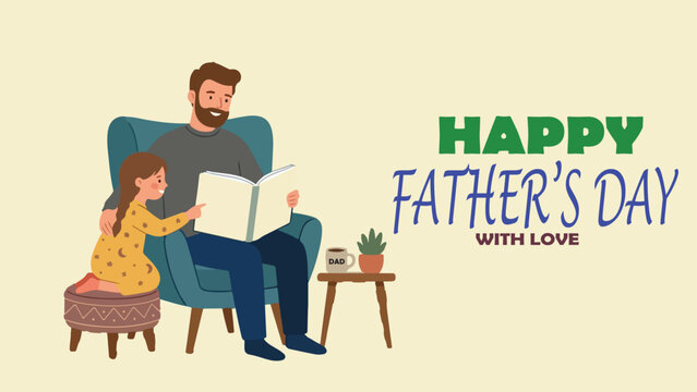 Father's Day banner in a modern flat style. Father holding child on shoulder, viewed from back, symbolizing love, care and strong family bond. Suitable for holiday greeting, print and social media