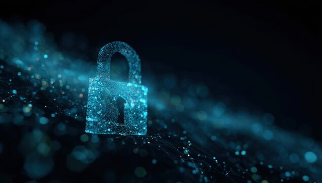 Digital Lock Icon Glowing with Blue Light on Dark Background.