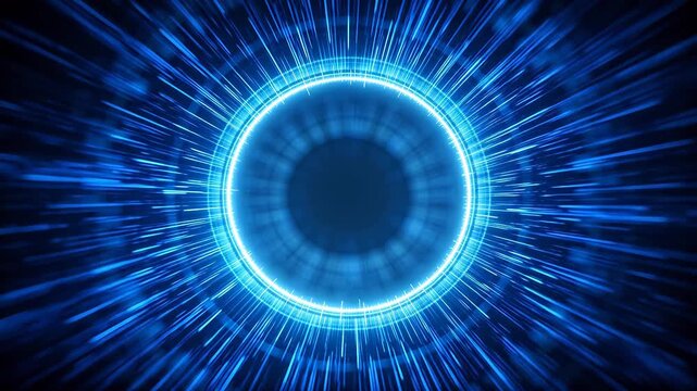 Glowing blue circular ring with light trails in dark abstract background