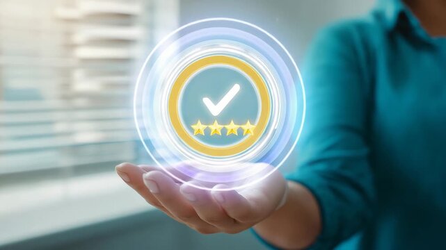 Customer satisfaction concept with glowing checkmark badge and rating stars, service quality, trust, positive review, business reputation and approval symbol. customer satisfaction
