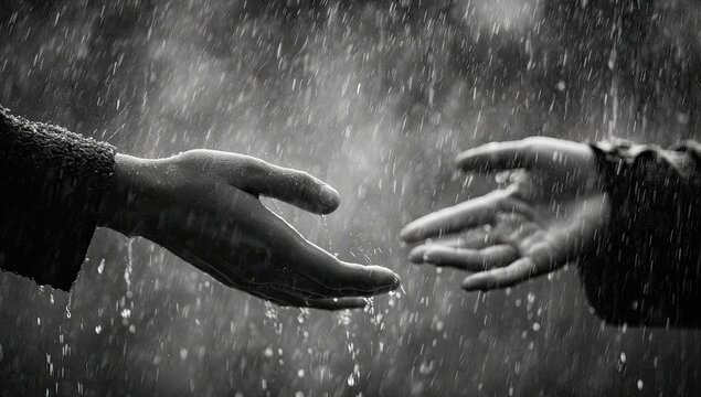 Two hands reach out to each other in a downpour of rain