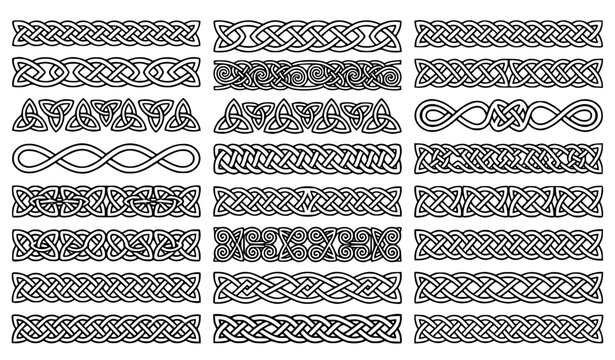 Monochrome Celtic knot decorative band collection with endless braid border designs