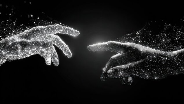 Two digital hands reaching out, formed of luminous particles, against dark