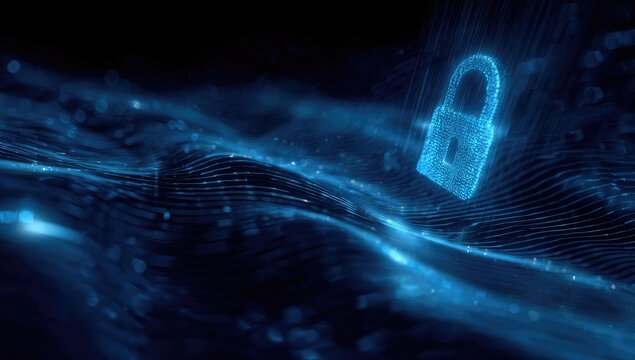 Digital padlock glows in abstract, wavy blue and black data stream