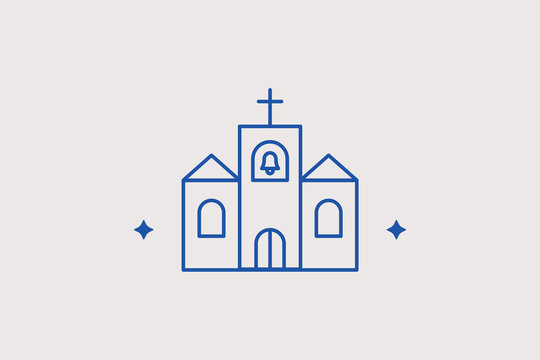 Church building with cross line icon for parish community centers. Spiritual vector illustration for historical landmark tours, architecture, or religious services.