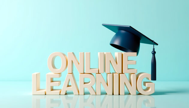 Three dimensional ONLINE LEARNING text with graduation cap on pastel teal surface for education banner poster and e learning promotional design