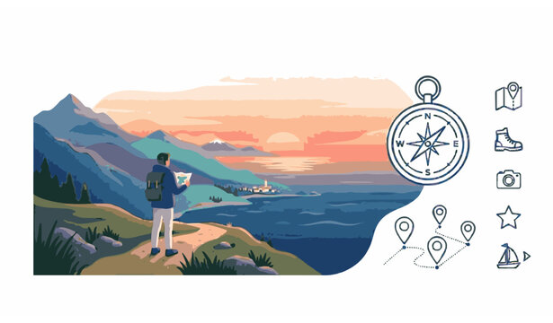 Minimal travel illustration with backpacker mountains and navigation icons vector