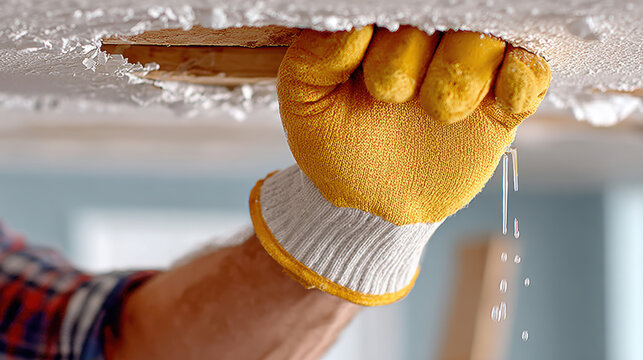 Repair worker removing damaged ceiling plaster near pipe leak with dripping water for home maintenance banner
