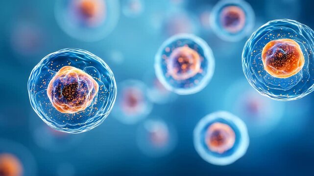 Microscopic cells, glowing centers, blue background, medical research, biotechnology, immunology, cell biology, healthcare science, bacteria, virus, microorganisms, laboratory research, biology