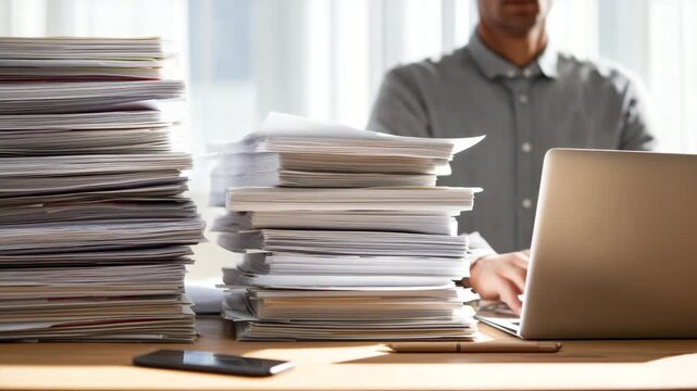 Overworked person sitting behind huge stacks of paperwork and laptop, document overload, office stress, bureaucracy, reports and administrative workload concept. paperwork