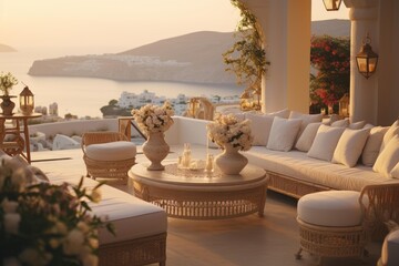 Fototapeta premium Elegant outdoor patio offering a relaxing view of the ocean and coastal village