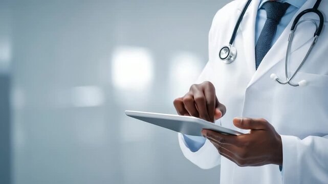 Physician working with digital healthcare tablet in modern clinic, medical documentation, electronic prescription, patient care and clinical technology concept. physician, digital