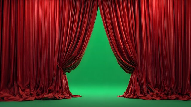 Red Theater Curtains Opening to Green Background for Performance.