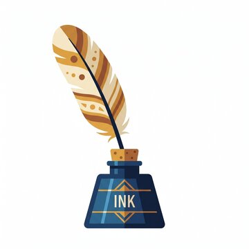 Stylized flat design of an antique quill pen placed inside a dark blue trapezoidal inkwell for writing illustration, vector isolated on white