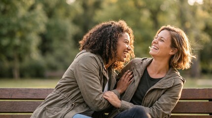 Fototapeta premium Lesbian Couple Sharing Warm Moment in Park, Affection and Connection in Outdoor Lifestyle Stock Photography 