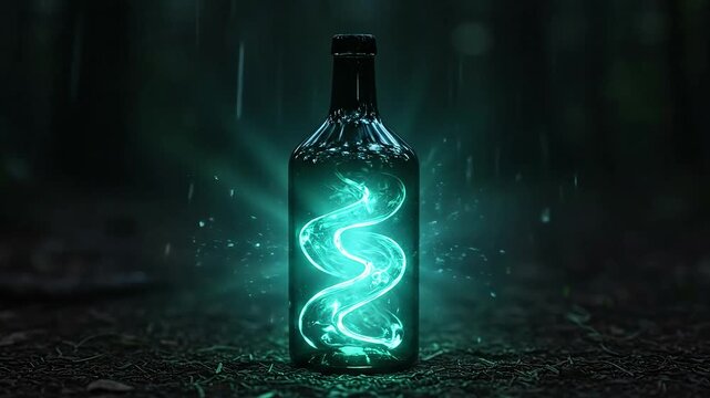 A glowing bottle with swirling magic liquid in a dark forest.