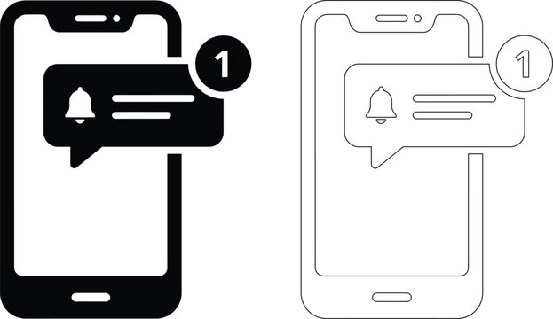Smartphone notification vector icon set featuring a mobile phone screen with a chat bubble, bell alert, and unread message badge for modern UI app interface design.