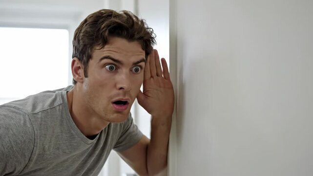 shocked caucasian man eavesdropping with ear pressed against white wall. surprised facial expression, listening to secrets, gossip concept. psychology blog, social media post.