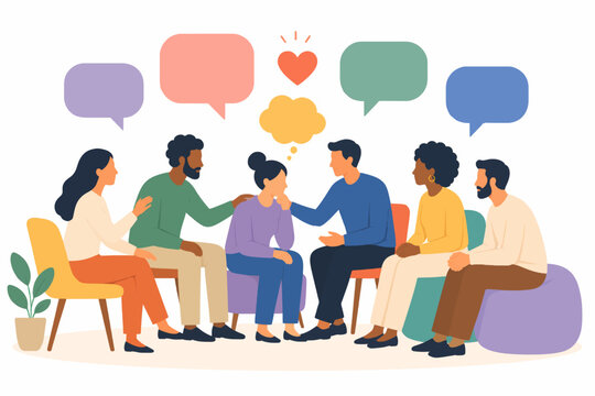 Peers supporting each other with speech bubbles caring conversation in workplace, peer support and mutual care concept, flat illustration