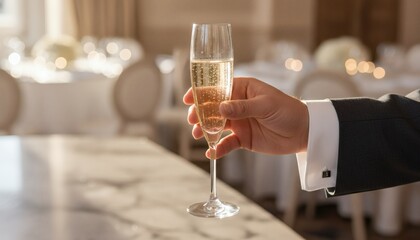 Obraz premium Groom holding a champagne glass at a luxury wedding reception dinner, celebrating marriage toast concept with elegant blurred background bokeh