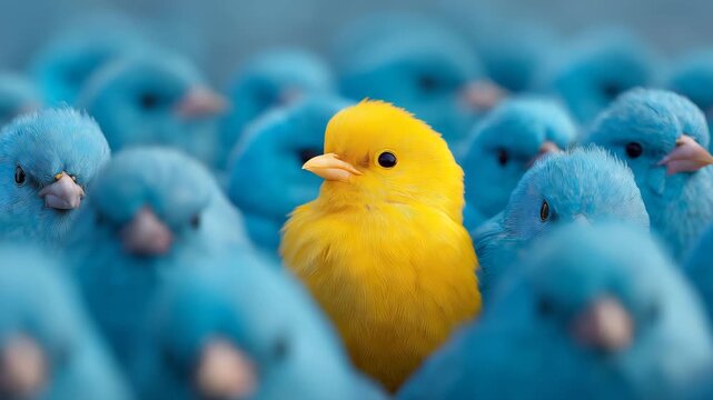 Unique yellow chick standing out in a flock of blue birds. Concept of individuality and leadership, identity, talent, innovation, courage, bright