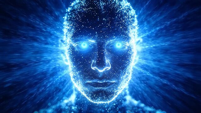 Digital human face profile composed of blue glowing particles