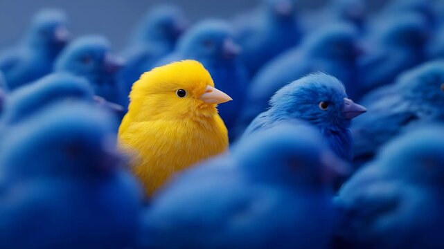 Yellow bird standing out among many blue birds in a crowded group, uniqueness, individuality, leadership, confidence and standing out from the crowd concept. yellow bird