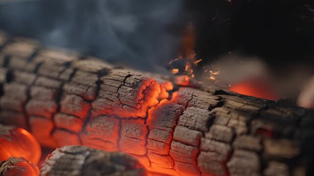 Closeup of a burning log with glowing embers and flames.