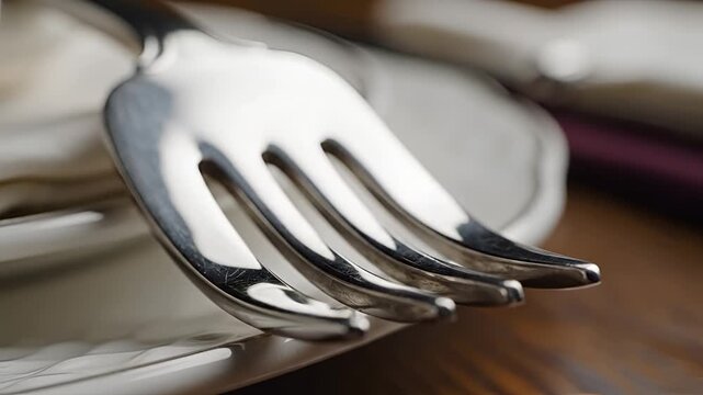 Closeup of a shiny silver fork resting on a white plate.