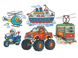 Various vehicles like a helicopter and monster truck are depicted. © firman