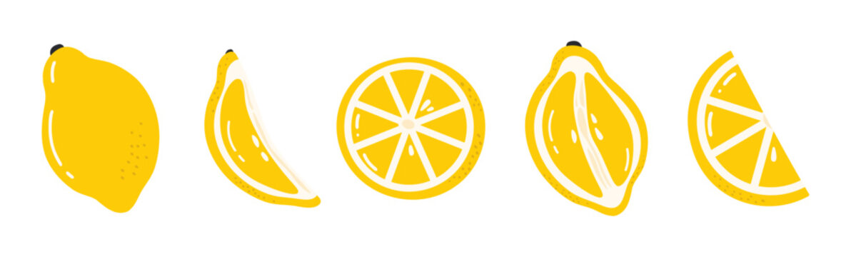 Lemon citrus set. Cartoon summer fruit slice, half sliced lemons, fresh yellow citron slices, organic detox ingredients, natural ripe vitamin fruits pieces. Vector flat collection