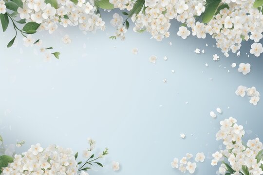 White spring flowers and green leaves creating a floral border an elegant light blue background