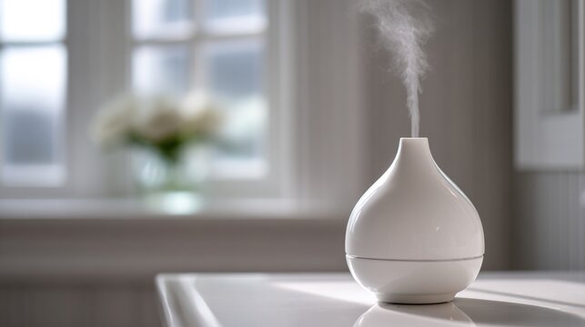 lemongrass. A pure white ceramic diffuser on a bathroom vanity, emitting a subtle mist, clean minimalist background. lifestyle magazines.