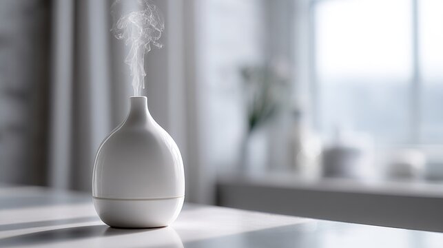 lemongrass. A pure white ceramic diffuser on a bathroom vanity, emitting a subtle mist, clean minimalist background. lifestyle magazines.