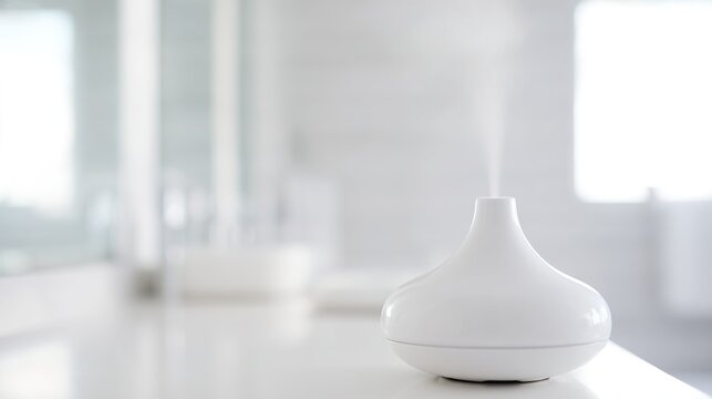 lemongrass. A pure white ceramic diffuser on a bathroom vanity, emitting a subtle mist, clean minimalist background. lifestyle magazines.