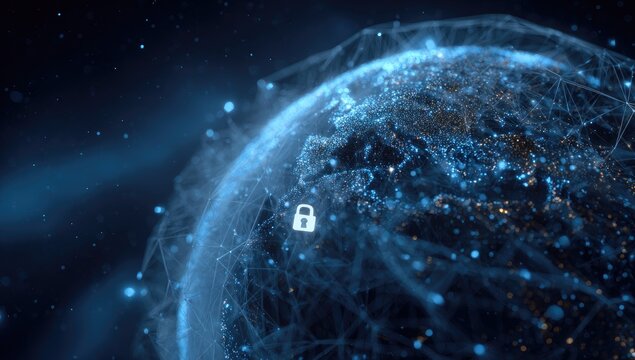 Digital globe with glowing network connections, secure lock icon