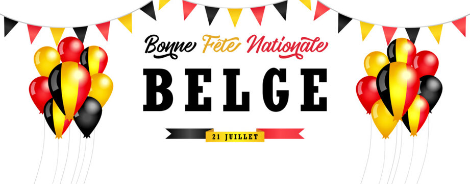 Happy National Day Belgium festive banner in French. Horizontal design