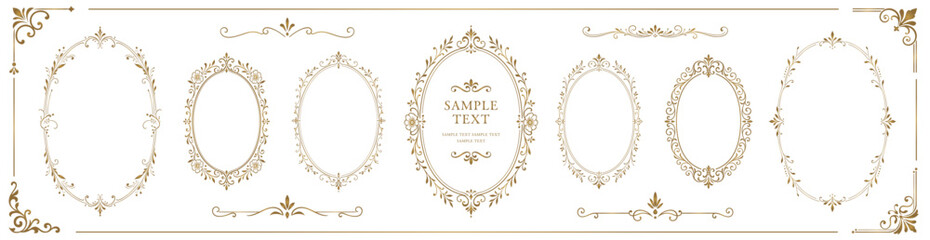 Refined collection of ornate oval frames and vintage decorative borders with floral details. Elegant templates for wedding invitations, greeting cards, certificates, and luxury stationery. © SERHII