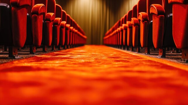 inclusively. Empty movie theater with red carpet aisle lit by golden light. lifestyle magazines, social media lookbooks, designed for influencer and brand collaborations, inspires lifestyle.