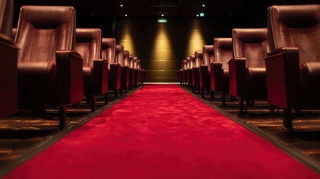 inclusively. Empty movie theater with red carpet aisle lit by golden light. lifestyle magazines, social media lookbooks, designed for influencer and brand collaborations, inspires lifestyle.