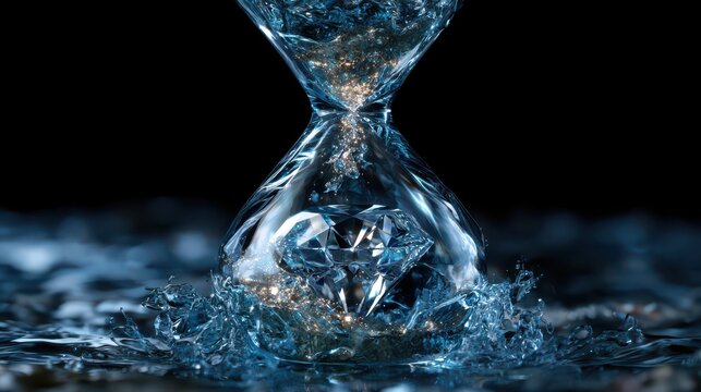 Liquid glass hourglass where glowing dust crystallizes into a diamond.