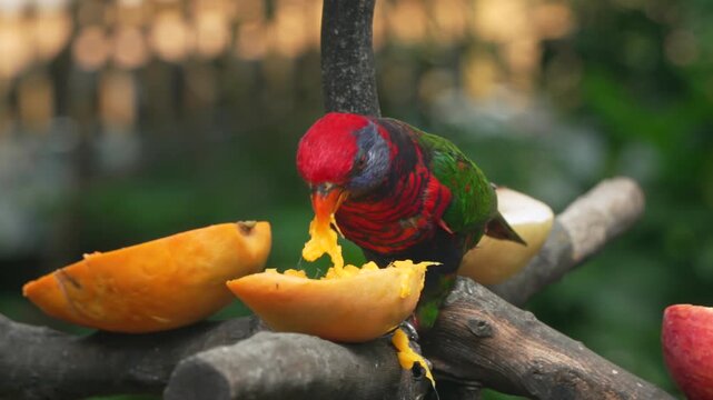 Colorful Rainbow lorikeet Trichoglossus parrot with red head blue face green wings eating mango fruit at feeding station Edward Youde Aviary Hong Kong Park